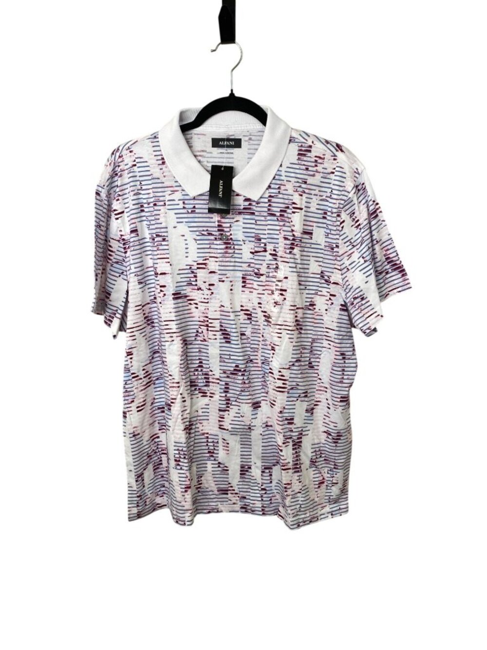 Alfani Mens Novelty Polo Shirt Bright White XL Striped Cotton Short Sleeve NEW